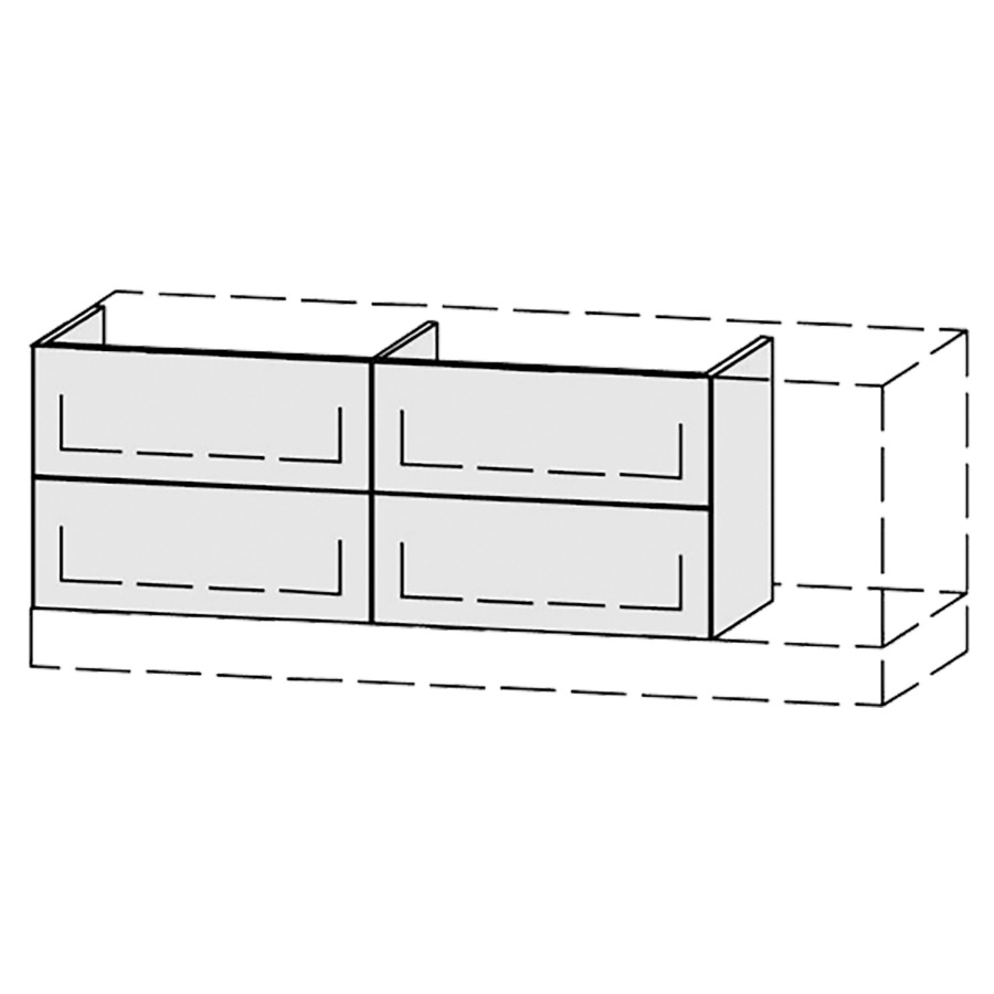 Élément inférieur  Vanity Bocco Pasofino
120-150 x 45-55 x 40-55 cm
2&nbsp;éléments de tiroir, 2&nbsp;tiroirs chacune
avec Blumotion, Legrabox noir
1 cache-siphon