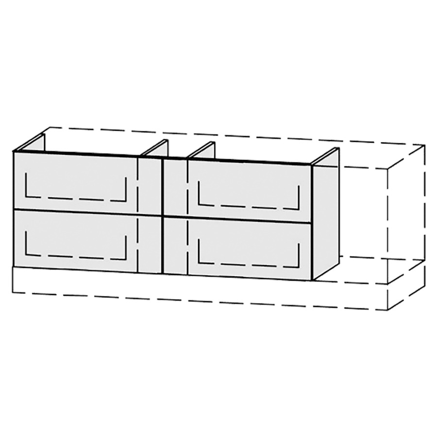Élément inférieur  Vanity Bocco Pasofino
120-150 x 45-55 x 40-55 cm
2&nbsp;éléments de tiroir, 2&nbsp;tiroirs chacune
avec Blumotion, Legrabox noir
niche pour le siphon