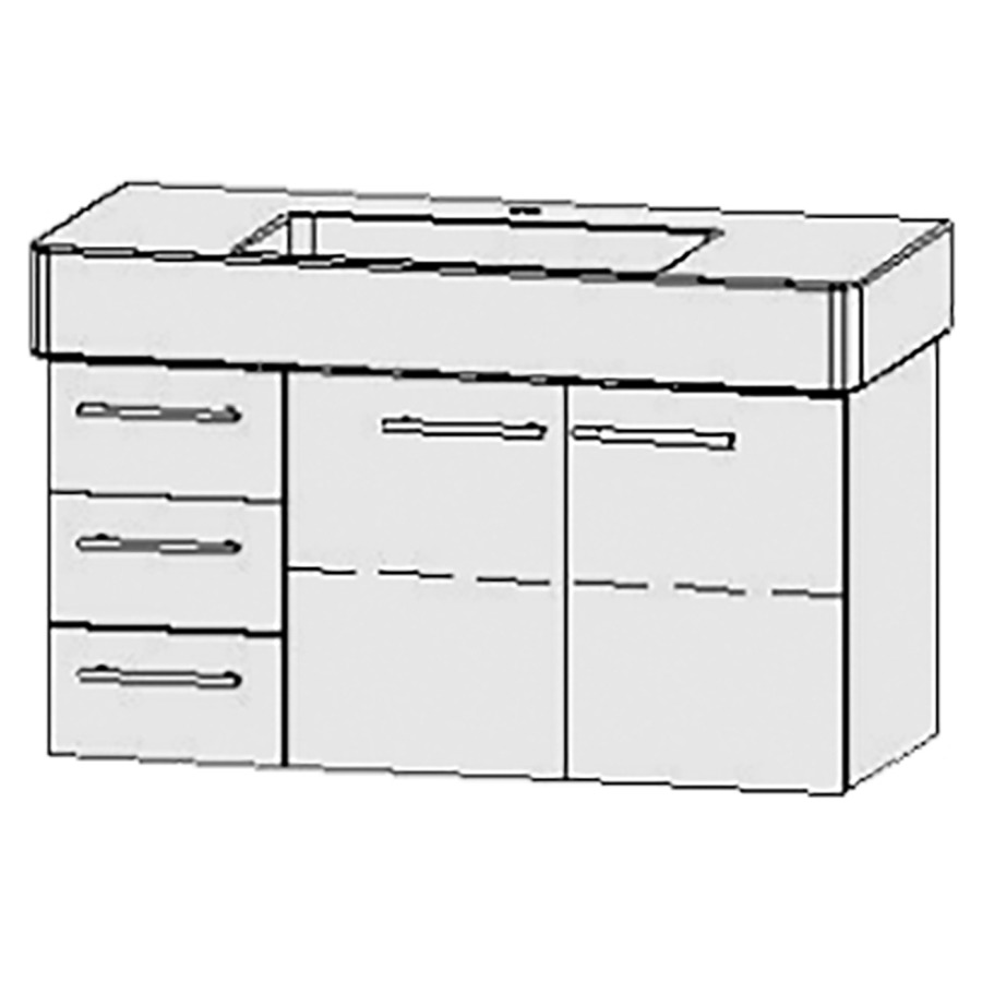 Élément inférieur  Vanity Vero
101 x 50 x 46 cm
élément de tiroir, 3&nbsp;tiroirs
armoire de tablette, 2&nbsp;portes
1&nbsp;tablette
avec Blumotion
pour lavabo
1 trou pour robinetterie