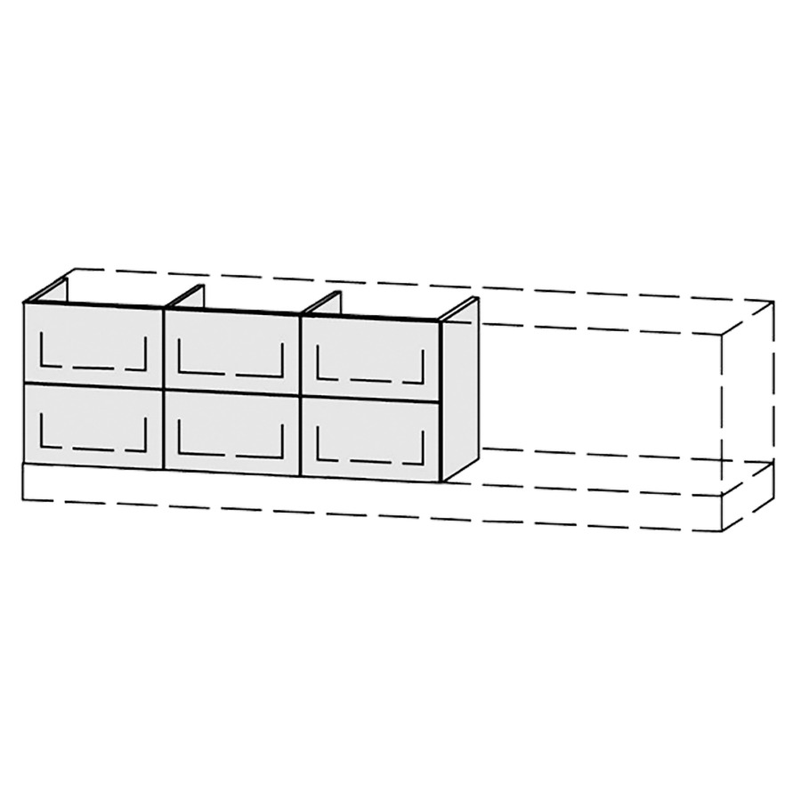Élément inférieur  Vanity Bocco Pasofino
120-200 x 45-55 x 40-55 cm
3&nbsp;éléments de tiroir, 2&nbsp;tiroirs chacune
avec Blumotion, Legrabox noir
1 cache-siphon