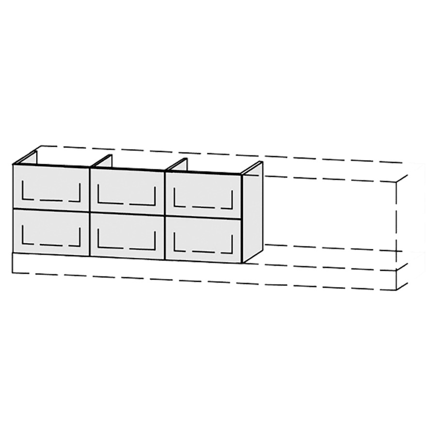 Élément inférieur  Vanity Bocco Pasofino
120-200 x 45-55 x 40-55 cm
3&nbsp;éléments de tiroir, 2&nbsp;tiroirs chacune
avec Blumotion, Legrabox noir
2 caches-siphon