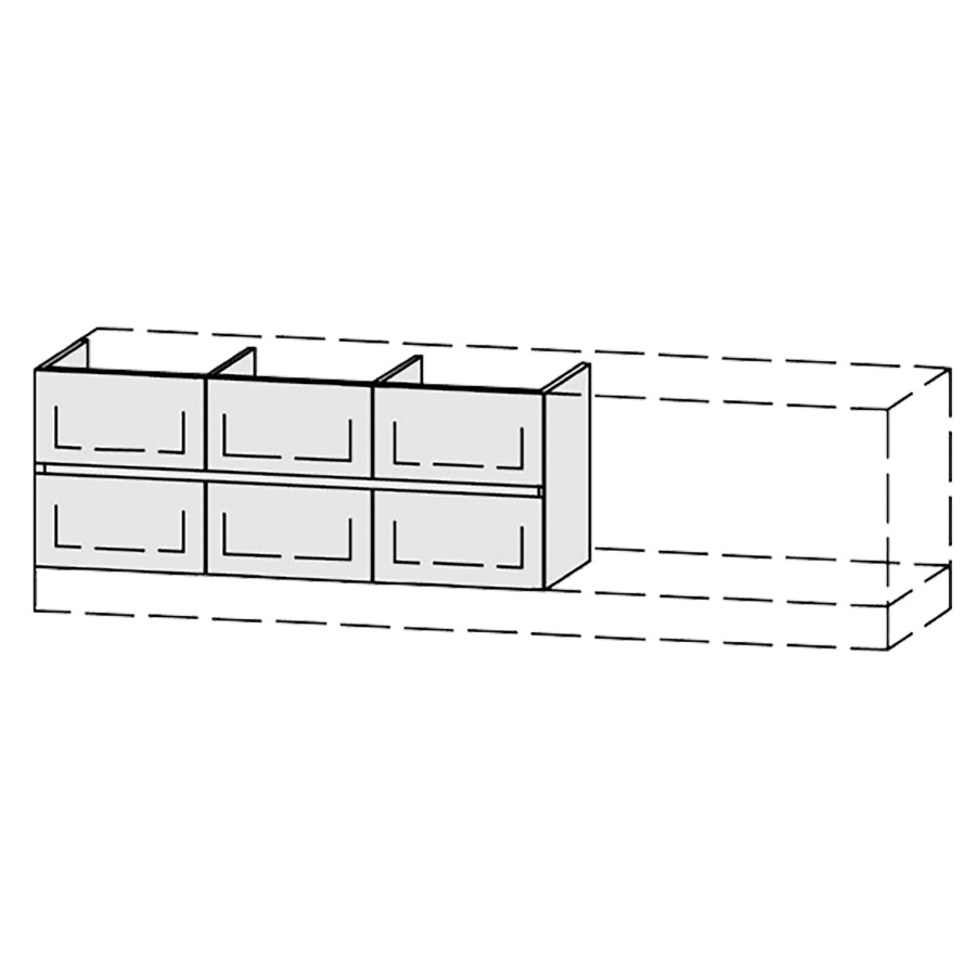 Élément inférieur  Vanity Bocco Pasofino Line
120-200 x 45-55 x 40-55 cm
3&nbsp;éléments de tiroir, 2&nbsp;tiroirs chacune
avec Blumotion, Legrabox noir
1 cache-siphon