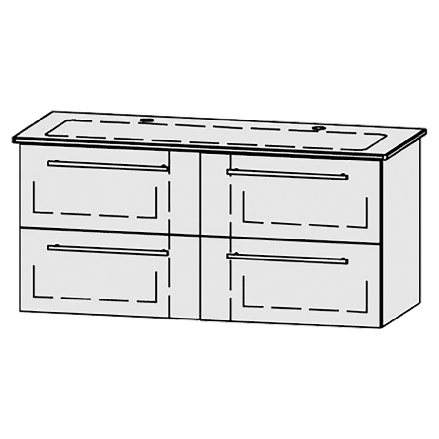 Élément inférieur  Vanity Me by Starck
121 x 55 x 47.8 cm
2&nbsp;éléments de tiroir, 2&nbsp;tiroirs chacune
avec Blumotion
pour 1 lavabo, 2 trous pour robinetterie
niche pour le siphon