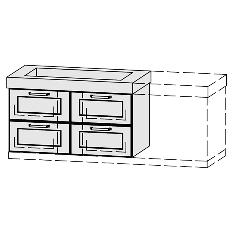 Élément inférieur  Vanity Keramik Campo 
126-156 x 55 cm
2&nbsp;éléments de tiroir, 2&nbsp;tiroirs chacune
avec Blumotion, Legrabox noir
pour 1&nbsp;lavabo, niche pour le siphon