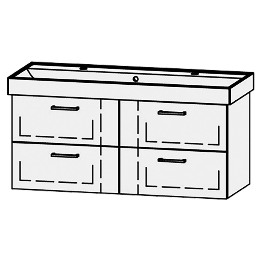 Élément inférieur  Procasa Cinque
116 x 50 x 46 cm
2&nbsp;éléments de tiroir, 2&nbsp;tiroirs chacune
extrait complet avec Blumotion
niche pour le siphon
pour lavabo 291389 avec 2 trous robin