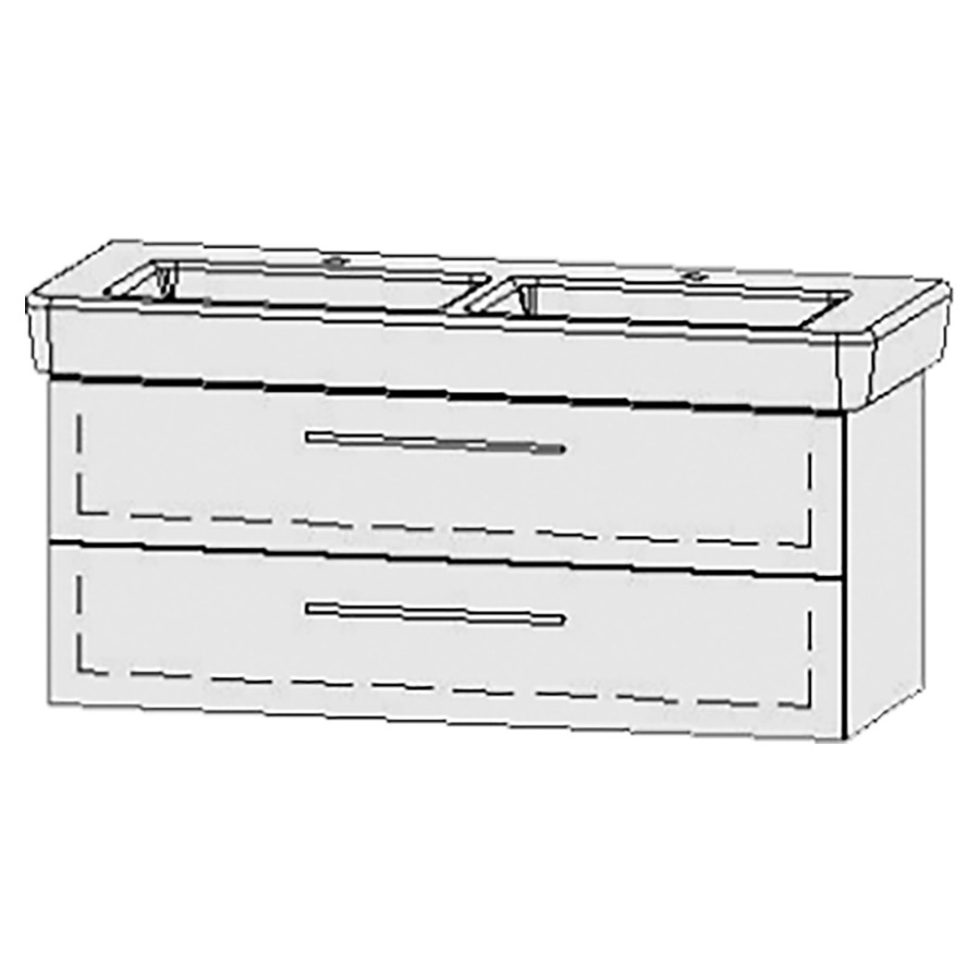 Élément inférieur  Vanity Pro
121 x 50 x 44.8 cm
élément de tiroir, 2&nbsp;tiroirs
avec Blumotion
2 caches-siphon
pour lavabo double