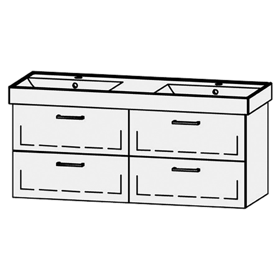 Élément inférieur  Procasa Cinque
126 x 50 x 46 cm
2&nbsp;éléments de tiroir, 2&nbsp;tiroirs chacune
extrait complet avec Blumotion
2 caches-siphon
pour lavabo 291391