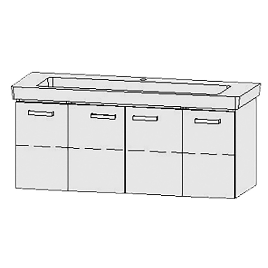 Élément inférieur  Vanity Subway 2.0
125 x 50 x 45.5 cm
armoire de tablette, 1&nbsp;porte, charnière à gauche
armoire de tablette, 2 portes
armoire de tablette, 1&nbsp;porte, charnière à droite
1&nbsp;tablette chacune
avec Blumotion
pour lavabo
1 trou pour robinetterie