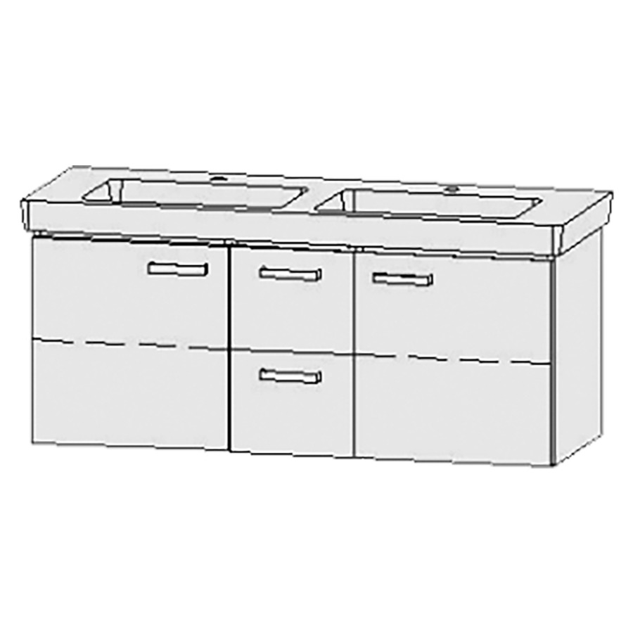 Élément inférieur  Vanity Subway 2.0
125 x 50 x 45.5 cm
armoire de tablette, 1&nbsp;porte, charnière à gauche
élément de tiroir, 2&nbsp;tiroirs
armoire de tablette, 1&nbsp;porte, charnière à droite
1&nbsp;tablette chacune
avec Blumotion
pour lavabo double