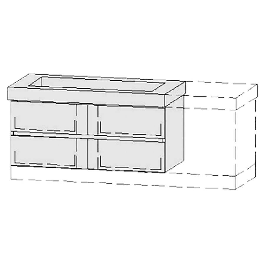 Élément inférieur  Vanity Keramik Line 
126-156 x 55 cm
2&nbsp;éléments de tiroir, 2&nbsp;tiroirs chacune
avec fonction Blumotion, pour lavabo au milieu
niche pour le siphon