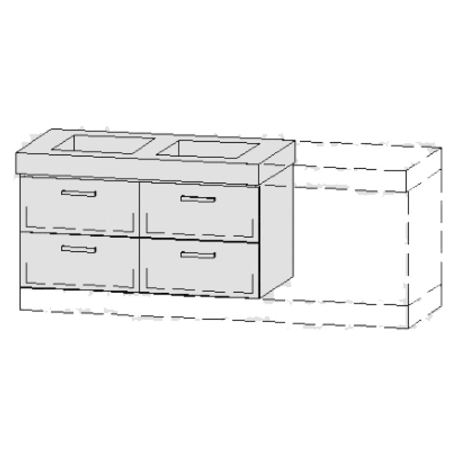 Élément inférieur  Vanity Keramik 
126-156 x 55 cm
2&nbsp;éléments de tiroir, 2&nbsp;tiroirs chacune
avec fonction Blumotion, pour 2&nbsp;lavabos
2 caches-siphon