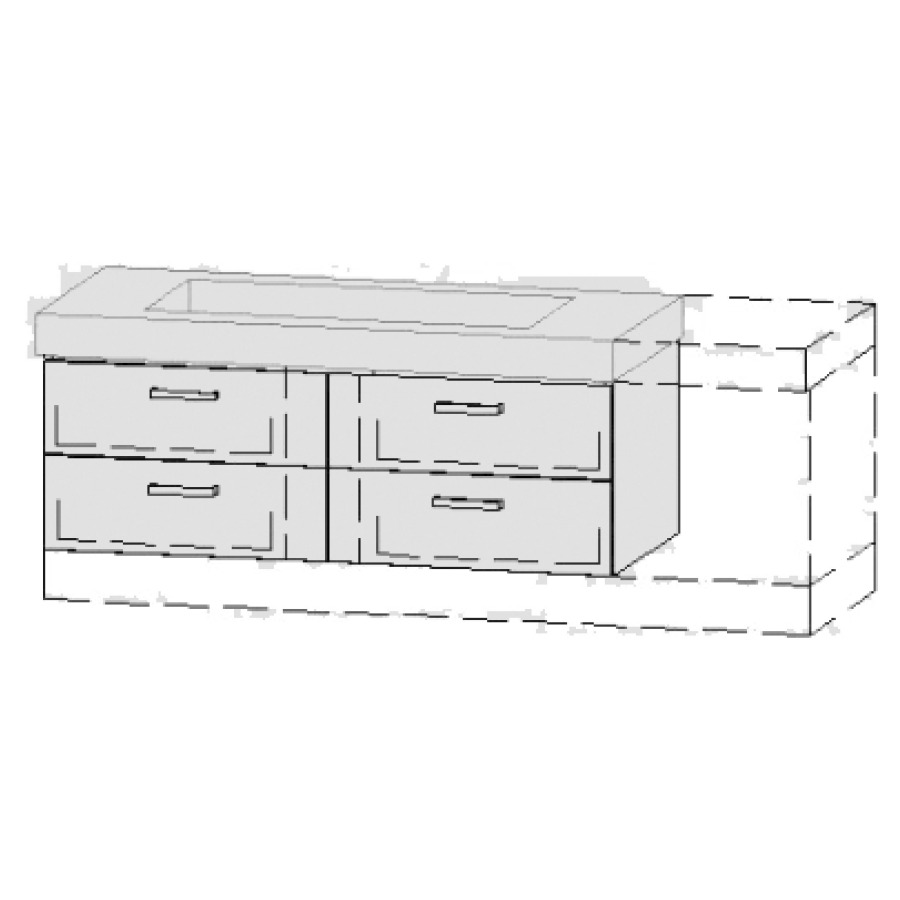 Élément inférieur  Vanity Keramik 
136-156 x 55 cm
2&nbsp;éléments de tiroir, 2&nbsp;tiroirs chacune
avec fonction Blumotion, pour lavabo au milieu
niche pour le siphon
