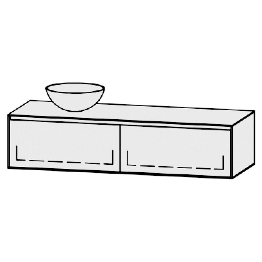 Meuble
Vanity-Pathos Style
150 x 35 x 55,5 cm
incl. table de lavabo 0,8 cm.
encastr. du lavabo par dessus
axe de lavabo 37,5 / 112,5 cm.
incl. consoles
2 éléments avec 1 tiroir
extrait complet et blumotion
sans cache-siphon