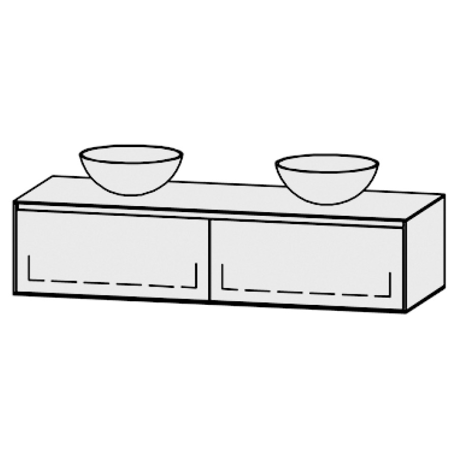 Meuble
Vanity-Pathos Style
150 x 35 x 55,5 cm
incl. table de lavabo 0,8 cm.
encastr. du lavabo par dessus
axe de lavabo 37,5/75/37,5 cm.
incl. consoles
2 éléments avec 1 tiroir
extrait complet et blumotion
sans caches-siphon