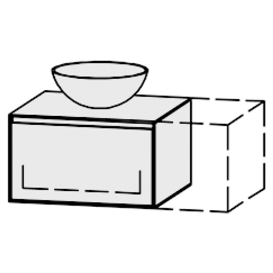 Meuble
Vanity-Pathos Style
60-90 x 35 x 55,5 cm
incl. table de lavabo 0,8 cm.
encastr. du lavabo par dessus
axe de lavabo selon plan
incl. consoles
élément avec 1 tiroir
extrait complet et blumotion
sans cache-siphon