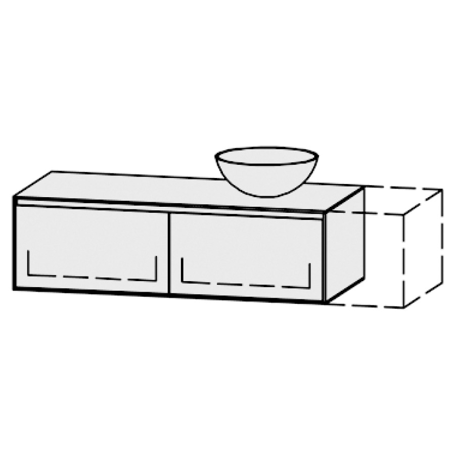 Meuble
Vanity-Pathos Style
120-150 x 35 x 55,5 cm
incl. table de lavabo 0,8 cm.
encastr. du lavabo par dessus
axe de lavabo selon plan
incl. consoles
2 éléments avec 1 tiroir
extrait complet et blumotion
sans cache-siphon