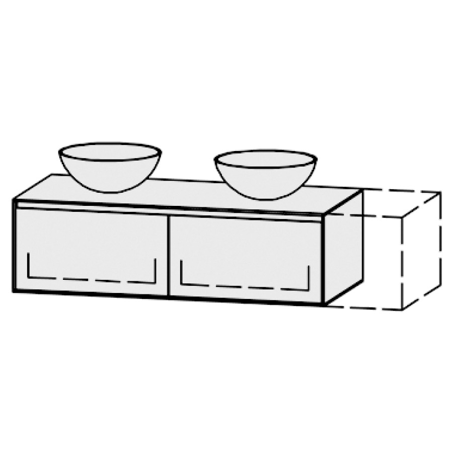 Meuble
Vanity-Pathos Style
120-150 x 35 x 55,5 cm
incl. table de lavabo 0,8 cm.
encastr. du lavabo par dessus
axe de lavabo selon plan
incl. consoles
2 éléments avec 1 tiroir
extrait complet et blumotion
sans caches-siphon