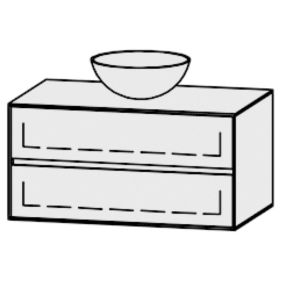 Meuble
Vanity-Pathos Line
90 x 45 x 55,5 cm
incl. table de lavabo 0,8 cm.
encastr. du lavabo par dessus
axe de lavabo 45 / 45 cm.
incl. consoles
élément avec  tiroirs
extrait complet et blumotion
1 cache-siphon