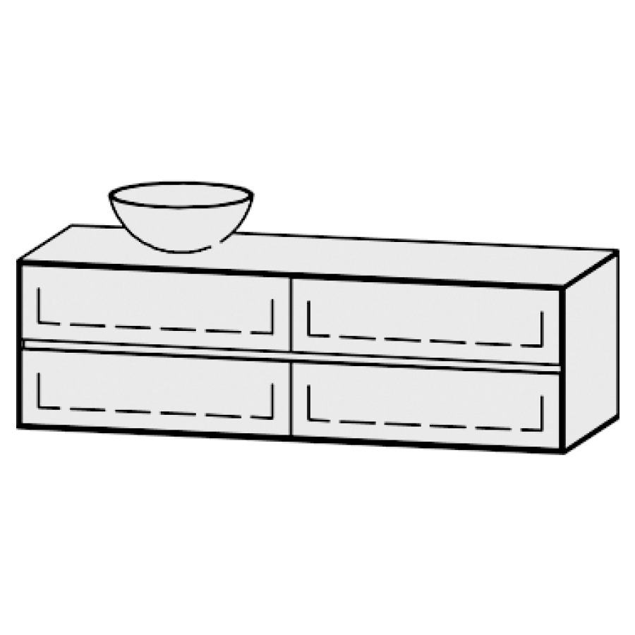 Meuble
Vanity-Pathos Line
150 x 45 x 55,5 cm
incl. table de lavabo 0,8 cm.
encastr. du lavabo par dessus
axe de lavabo 37,5 / 112,5 cm.
incl. consoles
2 éléments avec 2 tiroirs
extrait complet et blumotion
1 cache-siphon