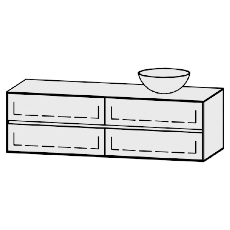 Meuble
Vanity-Pathos Line
150 x 45 x 55,5 cm
incl. table de lavabo 0,8 cm.
encastr. du lavabo par dessus
axe de lavabo 112,5 / 37,5 cm.
incl. consoles
2 éléments avec 2 tiroirs
extrait complet et blumotion
1 cache-siphon