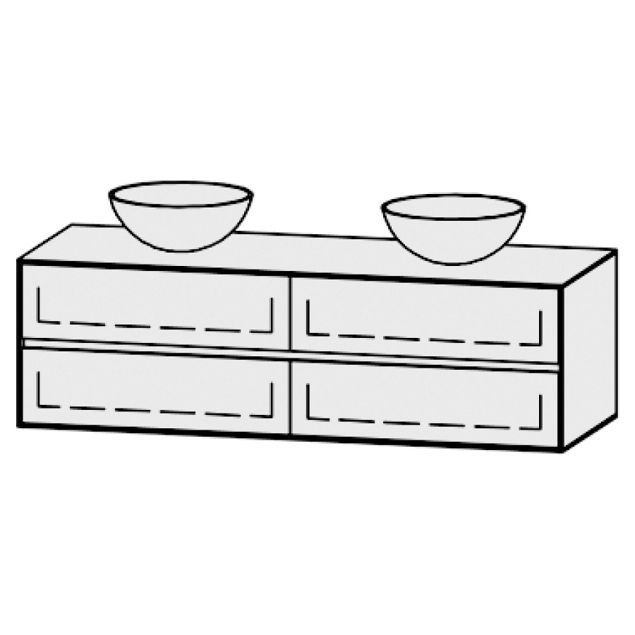 Meuble
Vanity-Pathos Line
150 x 45 x 55,5 cm
incl. table de lavabo 0,8 cm.
encastr. du lavabo par dessus
axe de lavabo 37,5/75/37,5 cm.
incl. consoles
2 éléments avec 2 tiroirs
extrait complet et blumotion
2 caches-siphon
