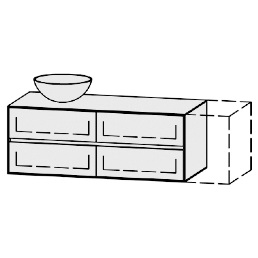 Meuble
Vanity-Pathos Line
120-150 x 45 x 55,5 cm
incl. table de lavabo 0,8 cm.
encastr. du lavabo par dessus
axe de lavabo selon plan
incl. consoles
2 éléments avec 2 tiroirs
extrait complet et blumotion
1 cache-siphon