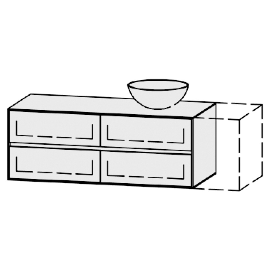Meuble
Vanity-Pathos Line
120-150 x 45 x 55,5 cm
incl. table de lavabo 0,8 cm.
encastr. du lavabo par dessus
axe de lavabo selon plan
incl. consoles
2 éléments avec 2 tiroirs
extrait complet et blumotion
1 cache-siphon