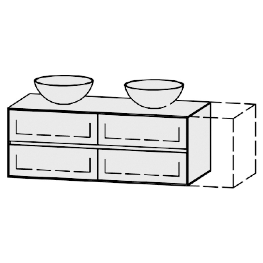Meuble
Vanity-Pathos Line
120-150 x 45 x 55,5 cm
incl. table de lavabo 0,8 cm.
encastr. du lavabo par dessus
axe de lavabo selon plan
incl. consoles
2 éléments avec 2 tiroirs
extrait complet et blumotion
2 caches-siphon