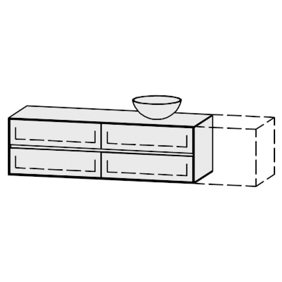 Meuble
Vanity-Pathos Line
151-200 x 45 x 55,5 cm
incl. table de lavabo 0,8 cm.
encastr. du lavabo par dessus
axe de lavabo selon plan
incl. consoles
2 éléments avec 2 tiroirs
extrait complet et blumotion
1 cache-siphon