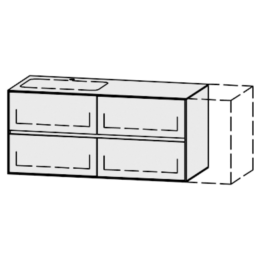 Meuble
Vanity-Pathos Line
120-150 x 58 x 55,5 cm
incl. table de lavabo 0,8 cm.
encastr. du lavabo par dessous
axe de lavabo selon plan
incl. consoles
2 éléments avec 2 tiroirs
extrait complet et blumotion
1 cache-siphon
