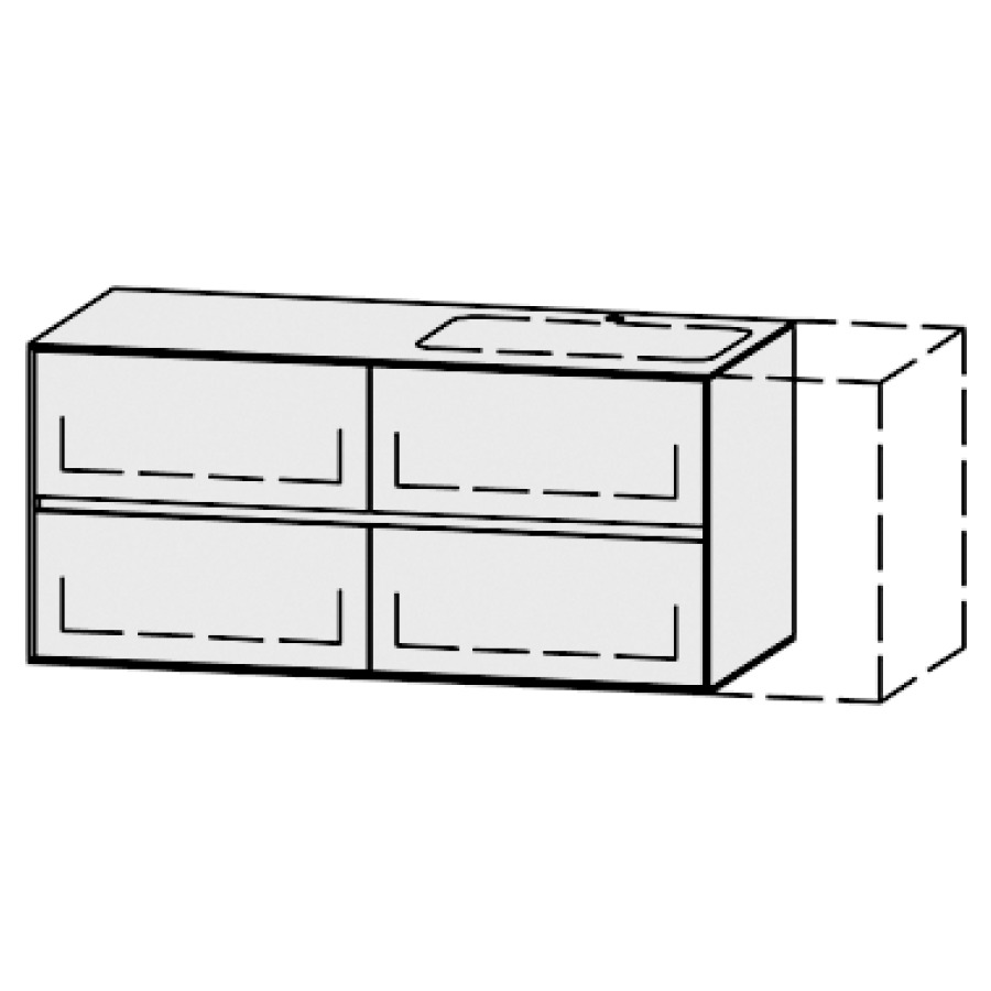 Meuble
Vanity-Pathos Line
120-150 x 58 x 55,5 cm
incl. table de lavabo 0,8 cm.
encastr. du lavabo par dessous
axe de lavabo selon plan
incl. consoles
2 éléments avec 2 tiroirs
extrait complet et blumotion
1 cache-siphon