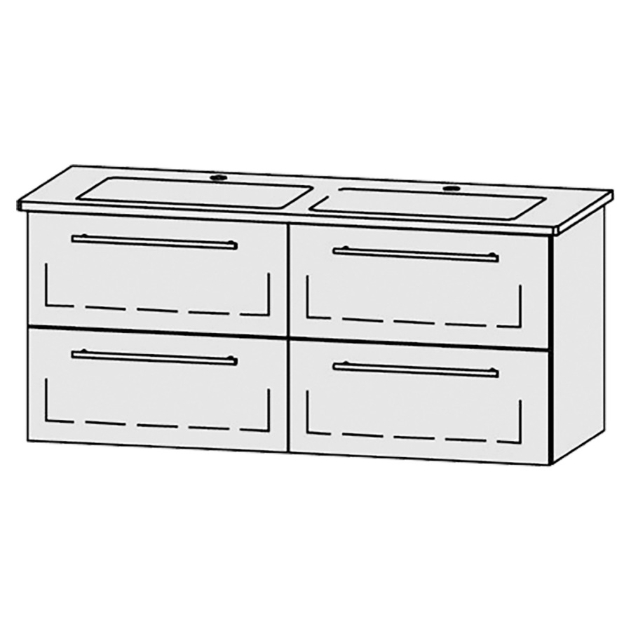 Élément inférieur  Vanity Venticello
126 x 55 x 48.8 cm
2&nbsp;éléments de tiroir, 2&nbsp;tiroirs chacune
avec Blumotion
2 caches-siphon
pour lavabo double