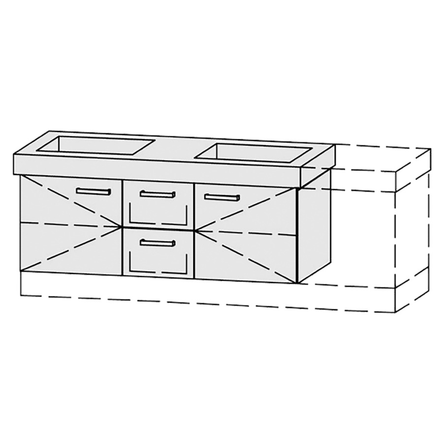 Élément inférieur  Vanity Keramik 
126-156 x 40-55 cm
armoire de tablette, 1&nbsp;porte, charnière à gauche
élément de tiroir, 2&nbsp;tiroirs
armoire de tablette, 1&nbsp;porte, charnière à droite
1&nbsp;tablette chacune
avec Blumotion
pour 2&nbsp;lavabos
