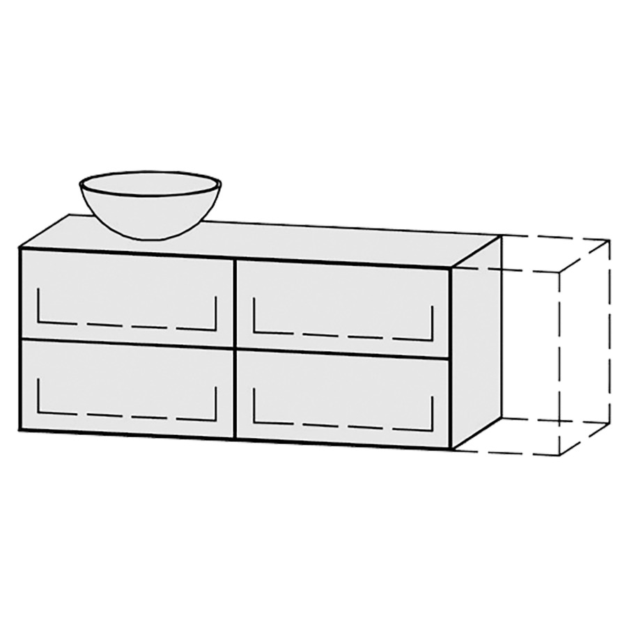 Meuble
Vanity-Tribute Alea
121-150 x 50 x 52 cm
incl. table de lavabo 1,9 cm.
encastrement du lavabo
par dessus
axe de lavabo selon plan
incl. consoles
2 éléments avec 2 tiroirs
extrait complet avec Blumotion
1 cache-siphon
tiroirs Legrabox noir
Push-Open, avec Blumotion