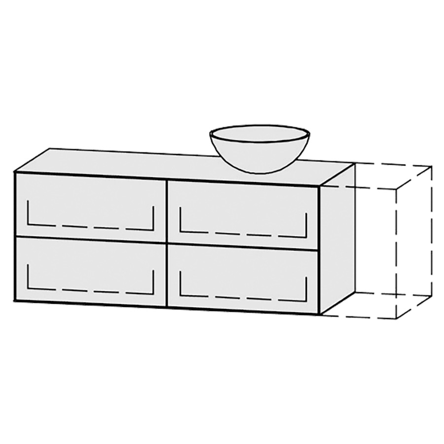 Meuble
Vanity-Tribute Alea
121-150 x 50 x 52 cm
incl. table de lavabo 1,9 cm.
encastrement du lavabo
par dessus
axe de lavabo selon plan
incl. consoles
2 éléments avec 2 tiroirs
extrait complet avec Blumotion
1 cache-siphon
tiroirs Legrabox noir
Push-Open, avec Blumotion