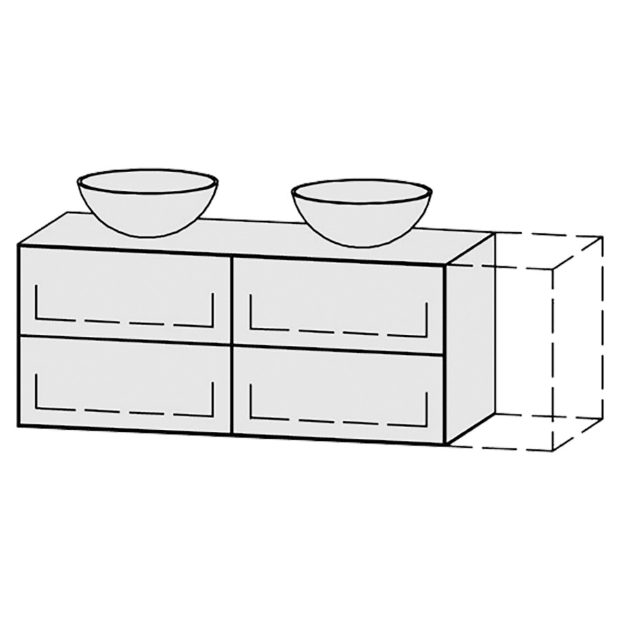Meuble
Vanity-Tribute Alea
121-150 x 50 x 52 cm
incl. table de lavabo 1,9 cm.
encastrement du lavabo
par dessus
axe de lavabo selon plan
incl. consoles
2 éléments avec 2 tiroirs
extrait complet avec Blumotion
2 caches-siphon
tiroirs Legrabox noir
Push-Open, avec Blumotion