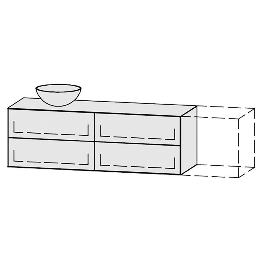 Meuble
Vanity-Tribute Alea
151-200 x 50 x 52 cm
incl. table de lavabo 1,9 cm.
encastrement du lavabo
par dessus
axe de lavabo selon plan
incl. consoles
2 éléments avec 2 tiroirs
extrait complet avec Blumotion
1 cache-siphon
tiroirs Legrabox noir
Push-Open, avec Blumotion
