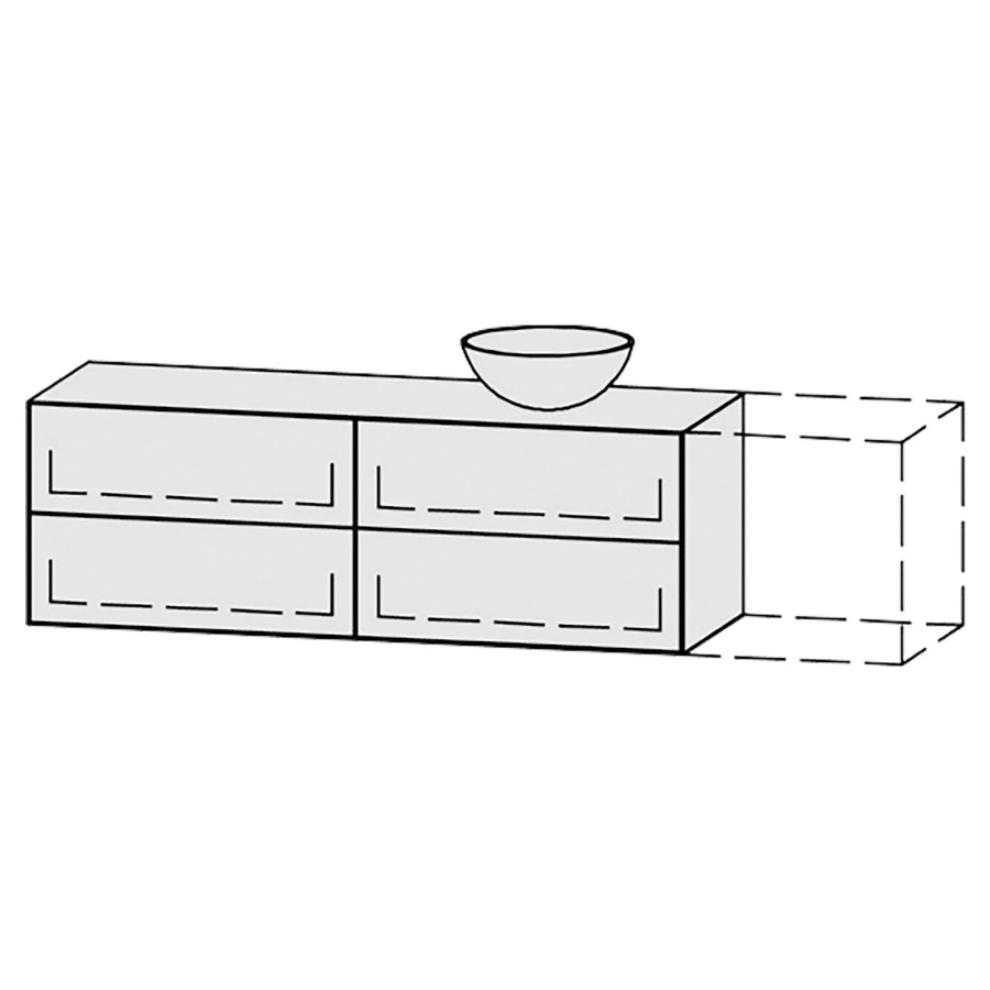 Meuble
Vanity-Tribute Alea
151-200 x 50 x 52 cm
incl. table de lavabo 1,9 cm.
encastrement du lavabo
par dessus
axe de lavabo selon plan
incl. consoles
2 éléments avec 2 tiroirs
extrait complet avec Blumotion
1 cache-siphon
tiroirs Legrabox noir
Push-Open, avec Blumotion
