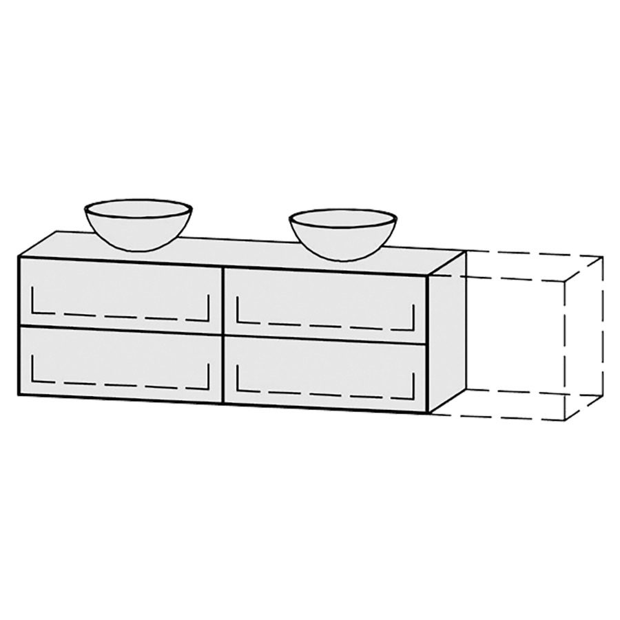 Meuble
Vanity-Tribute Alea
151-200 x 50 x 52 cm
incl. table de lavabo 1,9 cm.
encastrement du lavabo
par dessus
axe de lavabo selon plan
incl. consoles
2 éléments avec 2 tiroirs
extrait complet avec Blumotion
2 caches-siphon
tiroirs Legrabox noir
Push-Open, avec Blumotion