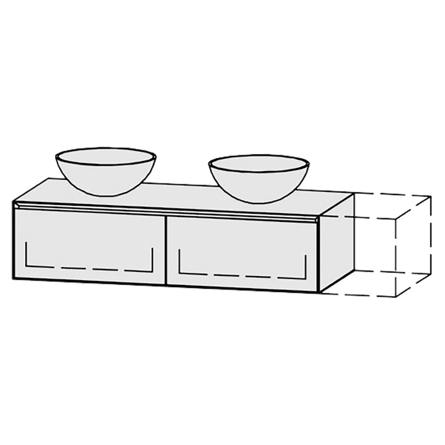 Möbelkombination Vanity Tribute Alea Style
120-150 x 30 x 52 cm
mit Waschtischabdeckung 1.9 cm
für 2 Aufsatzwaschtische
2 Schubladenelemente, je 1 Schublade
mit Blumotion, Legrabox schwarz
ohne Sifonverkleidung
inkl. Konsolen