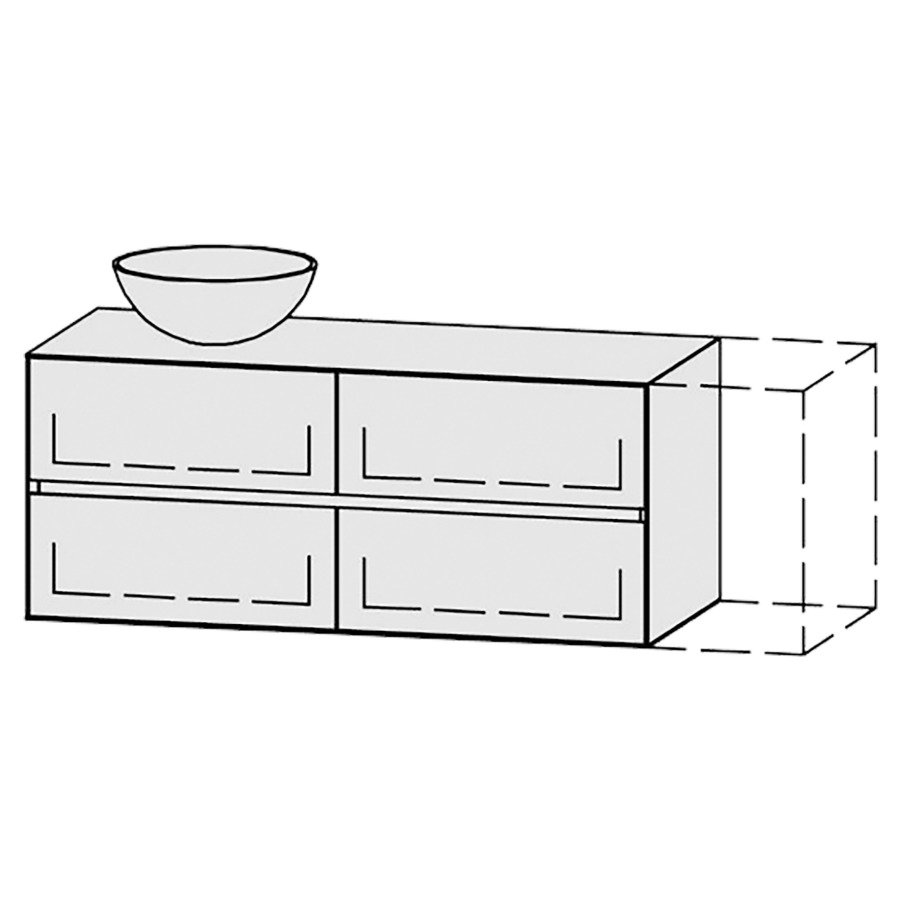 Möbelkombination Vanity Tribute Alea Line
121-150 x 50 x 52 cm
mit Waschtischabdeckung 1.9 cm
für Aufsatzwaschtisch links
2 Schubladenelemente, je 2 Schubladen
mit Blumotion, Legrabox schwarz
1 Sifonverkleidung
inkl. Konsolen