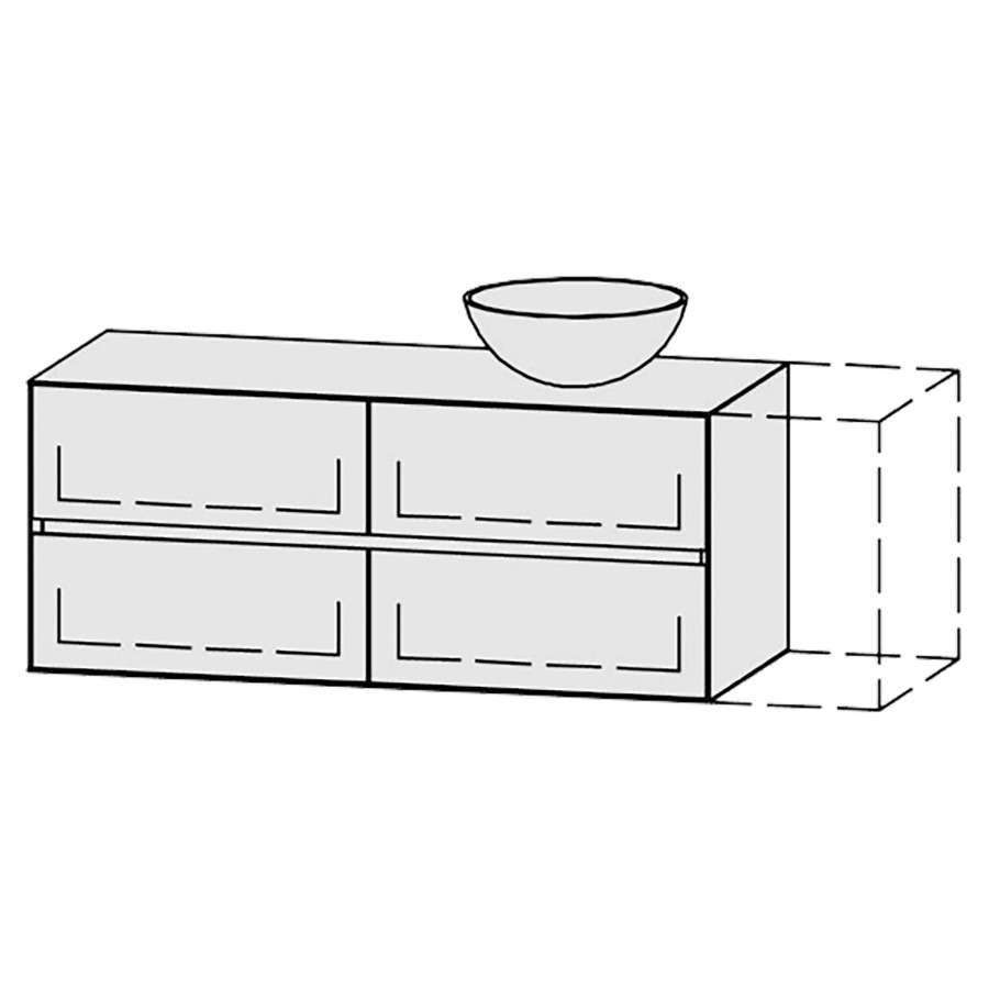 Möbelkombination Vanity Tribute Alea Line
121-150 x 50 x 52 cm
mit Waschtischabdeckung 1.9 cm
für Aufsatzwaschtisch rechts
2 Schubladenelemente, je 2 Schubladen
mit Blumotion, Legrabox schwarz
1 Sifonverkleidung
inkl. Konsolen