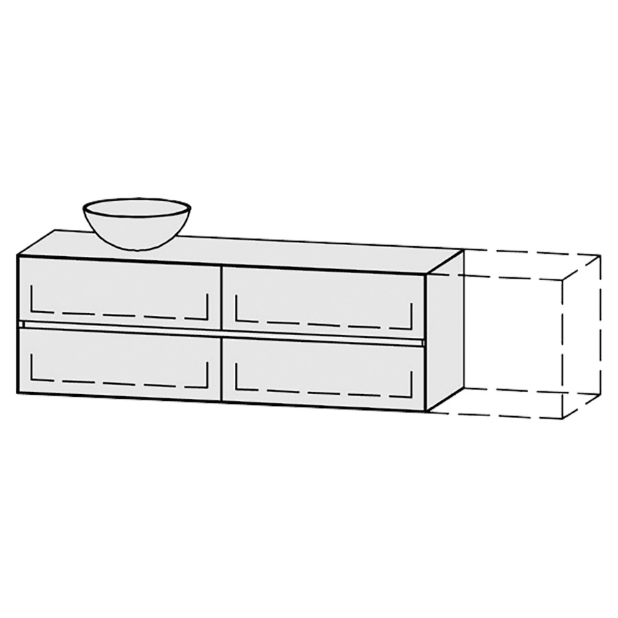 Möbelkombination Vanity Tribute Alea Line
151-200 x 50 x 52 cm
mit Waschtischabdeckung 1.9 cm
für Aufsatzwaschtisch links
2 Schubladenelemente, je 2 Schubladen
mit Blumotion, Legrabox schwarz
1 Sifonverkleidung
inkl. Konsolen