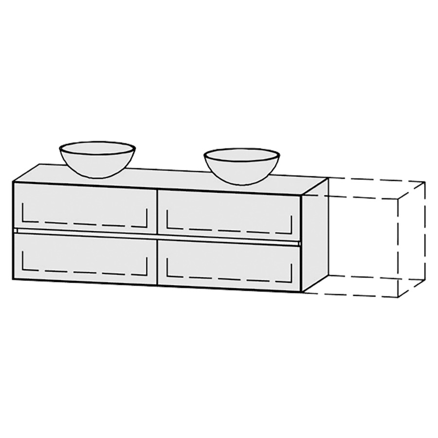 Möbelkombination Vanity Tribute Alea Line
151-200 x 50 x 52 cm
mit Waschtischabdeckung 1.9 cm
für 2 Aufsatzwaschtische, Achsen 30/90/30
2 Schubladenelemente, je 2 Schubladen
mit Blumotion, Legrabox schwarz
2 Sifonverkleidungen
inkl. Konsolen