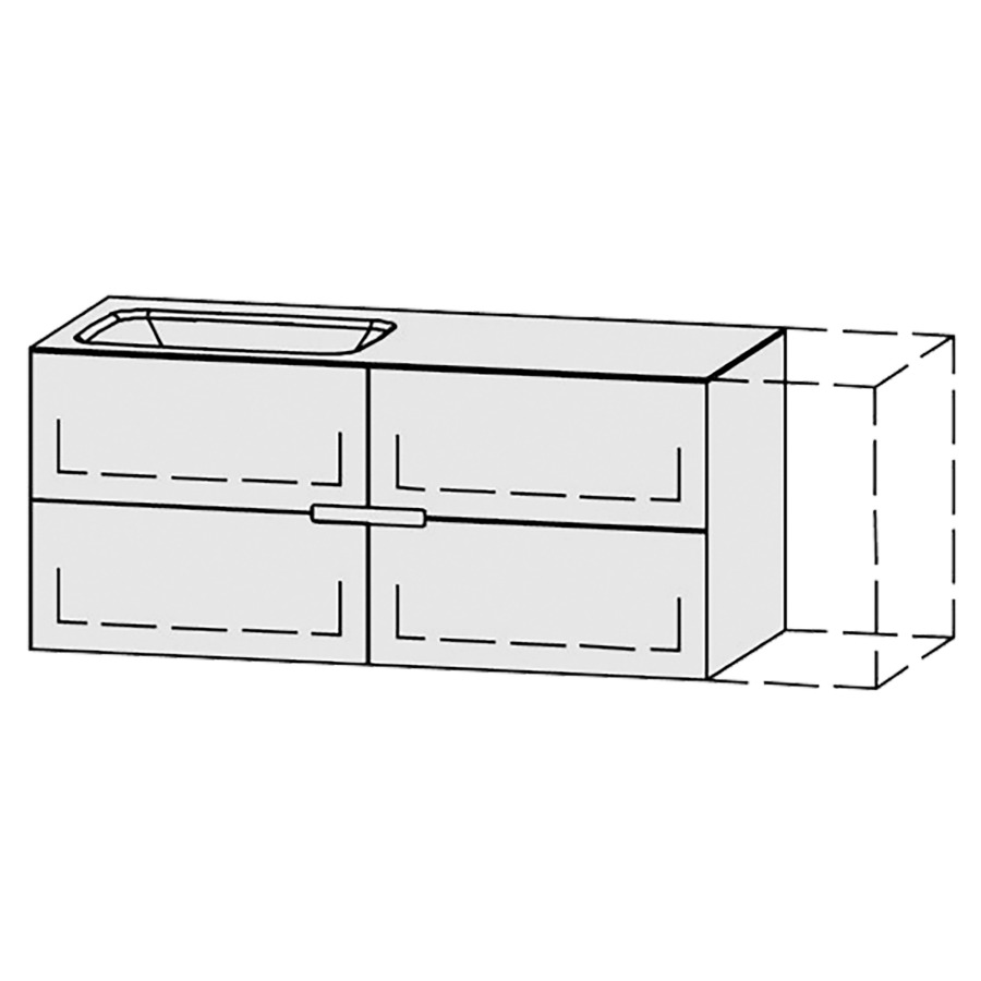Lavabo-meuble
Vanity-Pasofino
120-150 x 52,7 x 52 cm
incl. table de lavabo en
corian glacier white 1,2 cm,
sans trop-plein
largeur du lavabo 50/60 cm.
axe de lavabo selon plan
incl. consoles
2 éléments avec 2 tiroirs
extrait complet avec Blumotion
1 cache-siphon
tiroirs Legrabox noir
zone de préhension fraisée