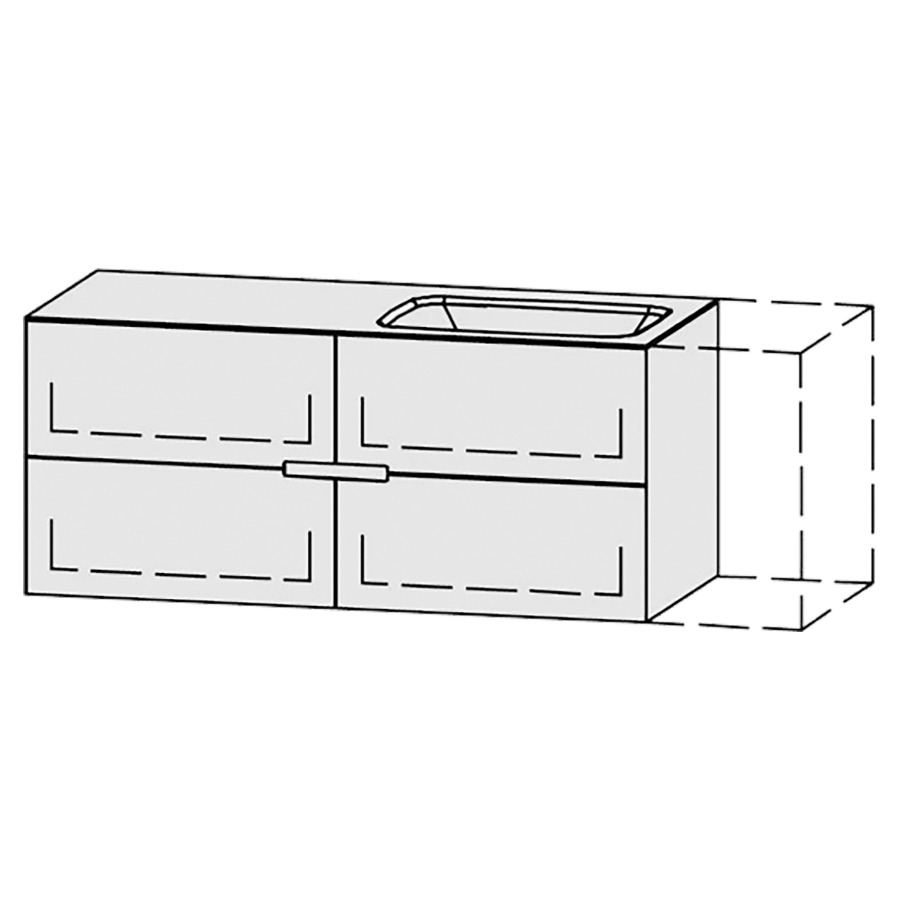 Lavabo-meuble
Vanity-Pasofino
120-150 x 52,7 x 52 cm
incl. table de lavabo en
corian glacier white 1,2 cm,
sans trop-plein
largeur du lavabo 50/60 cm.
axe de lavabo selon plan
incl. consoles
2 éléments avec 2 tiroirs
extrait complet avec Blumotion
1 cache-siphon
tiroirs Legrabox noir
zone de préhension fraisée