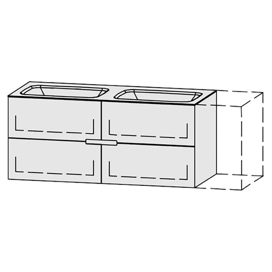 Lavabo-meuble
Vanity-Pasofino
120-150 x 52,7 x 52 cm
incl. table de lavabo en
corian glacier white 1,2 cm,
sans trop-plein
largeur du lavabo 50/60 cm.
axe de lavabo selon plan
incl. consoles
2 éléments avec 2 tiroirs
extrait complet avec Blumotion
2 caches-siphon
tiroirs Legrabox noir
zone de préhension fraisée