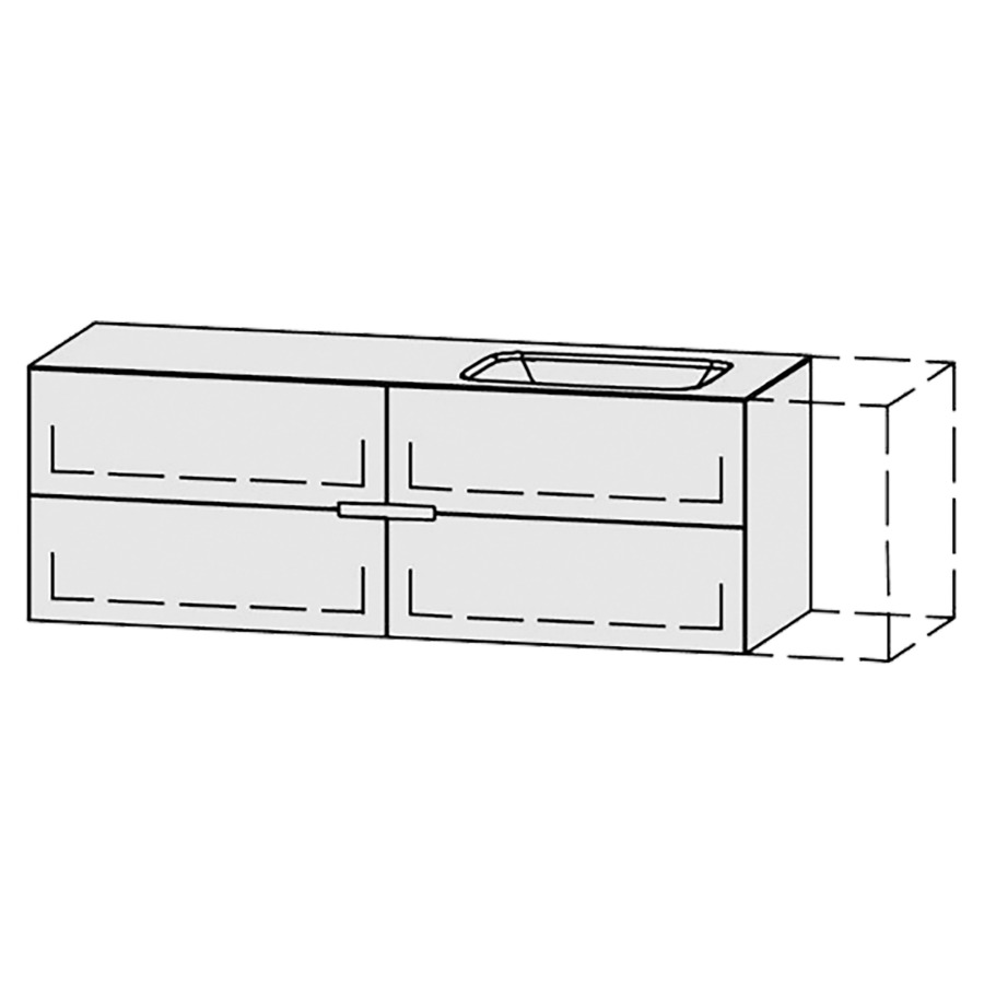 Lavabo-meuble
Vanity-Pasofino
151-180 x 52,7 x 52 cm
incl. table de lavabo en
corian glacier white 1,2 cm,
sans trop-plein
largeur du lavabo 60 cm.
axe de lavabo selon plan
incl. consoles
2 éléments avec 2 tiroirs
extrait complet avec Blumotion
1 cache-siphon
tiroirs Legrabox noir
zone de préhension fraisée