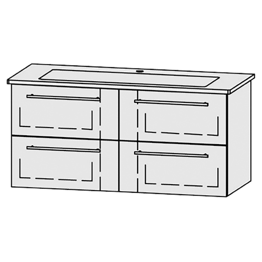 Élément inférieur
Vanity-Venticello 120-1
116 x 55 x 48,8 cm
2 éléments avec 2 tiroirs
extrait complet avec Blumotion
niche pour le siphon
1 trou pour robinetterie
