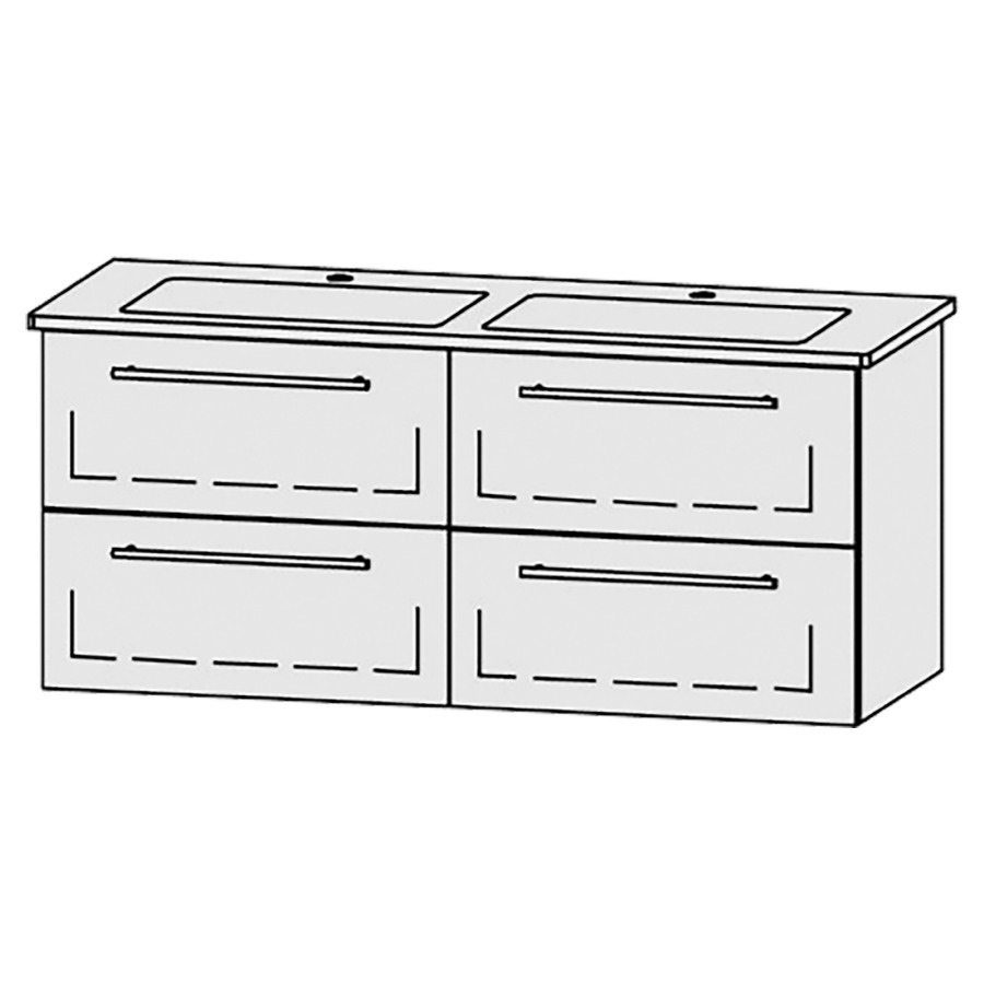 Élément inférieur
Vanity-Venticello 130-2
126 x 55 x 48,8 cm
2 éléments avec 2 tiroirs
extrait complet avec Blumotion
2 caches-siphon